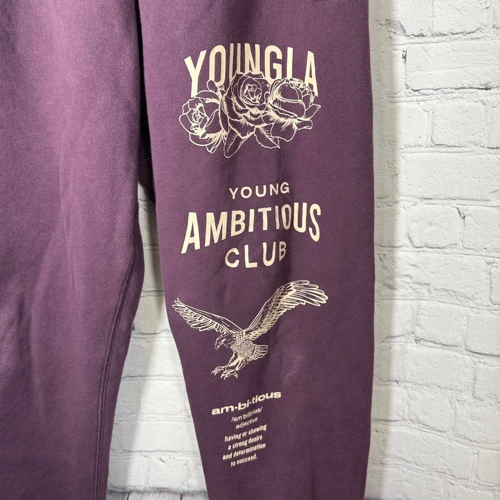 YoungLA Ambitious Club Men Purple Graphic Jogger‎ Sweatpants Small Rose Eagle